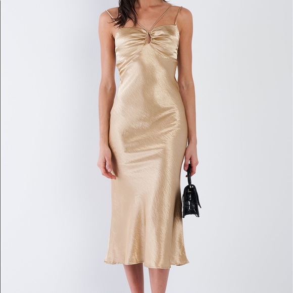 ⭐️Golden Satin Strappy Ruffle Midi Summer Dress⭐️ - Picture 3 of 7